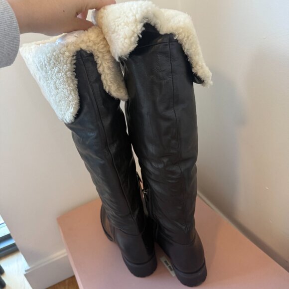 NWT Miu Miu Tall Boots Shearling Black Leather Round Toe Low Block Heels Sz 38 - Picture 10 of 11